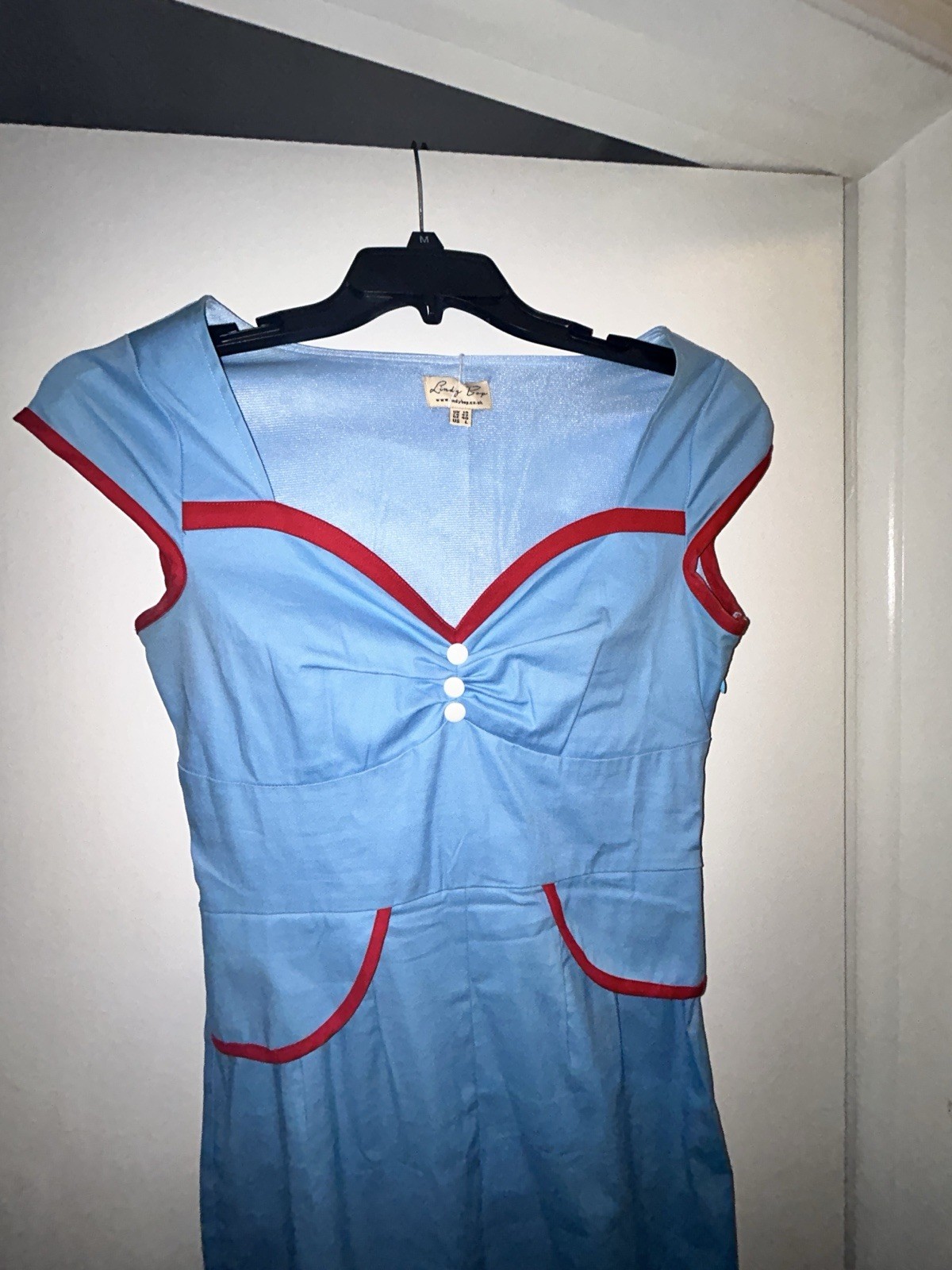 Vintage 1950 dress baby blue with red trim. Pinup girl By Lindy Pop