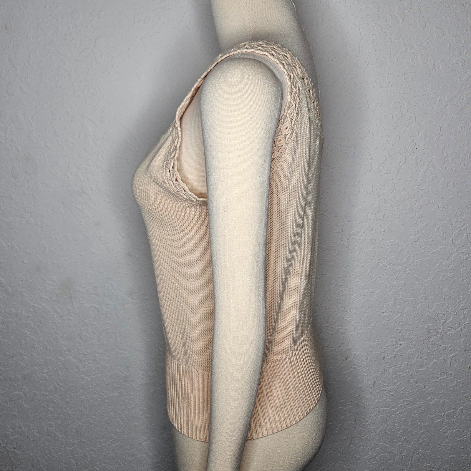 Vintage Magnolia Musk Melon Cotton Knit Tank Top Crochet Trim V-Neck Size M