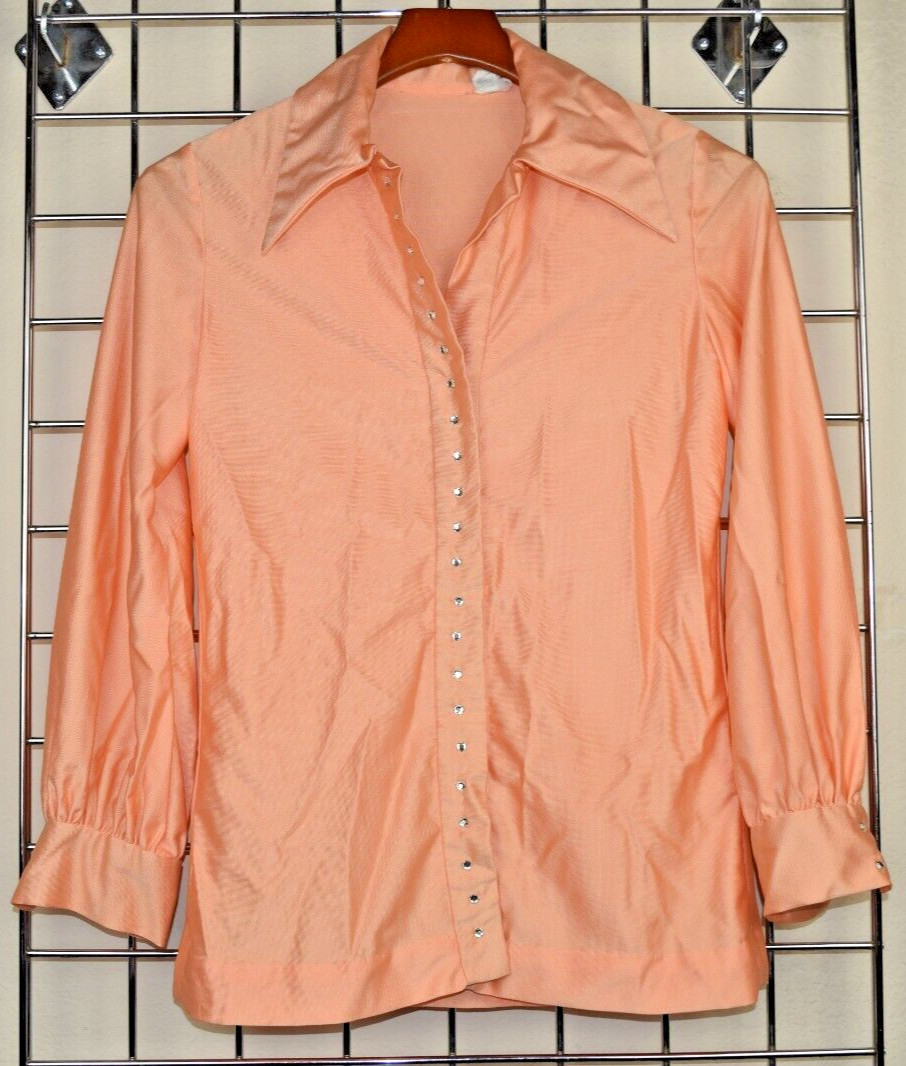 Vintage Shirt Bikini 3 Piece Set Size S/M 70s Melon Orange Bedazzled Silky