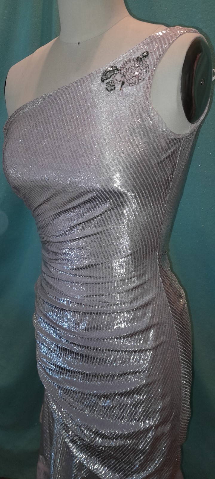 Vtg 1970s 80s Disco Silver pink One Shoulder NEW LEAF samir Party Club Dress XS