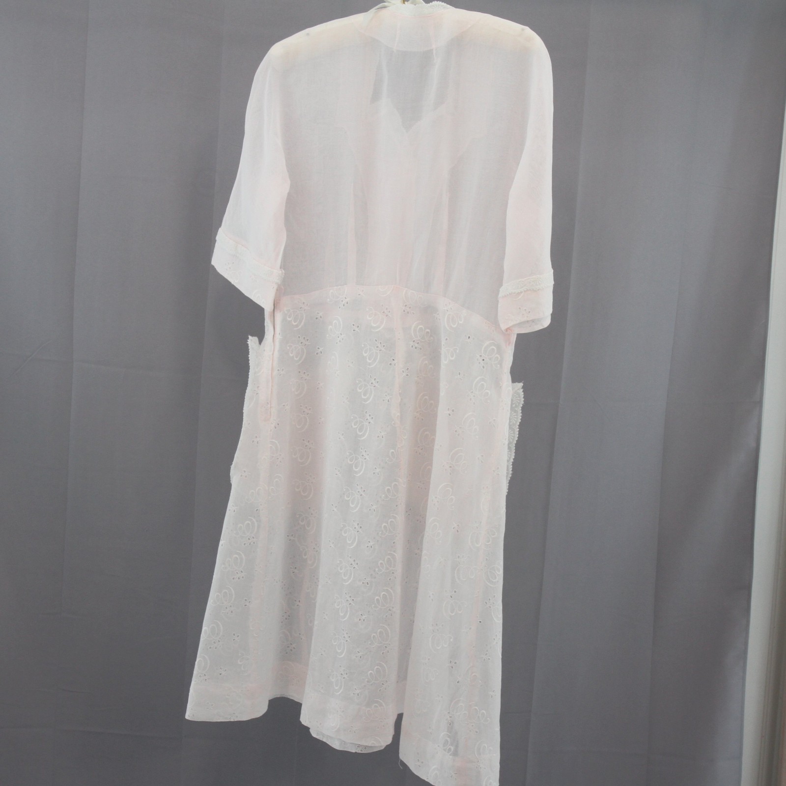 Vintage 1940s-50s Pink Organdy Embroidered Dress Lace Trim Hand Sewn Hem