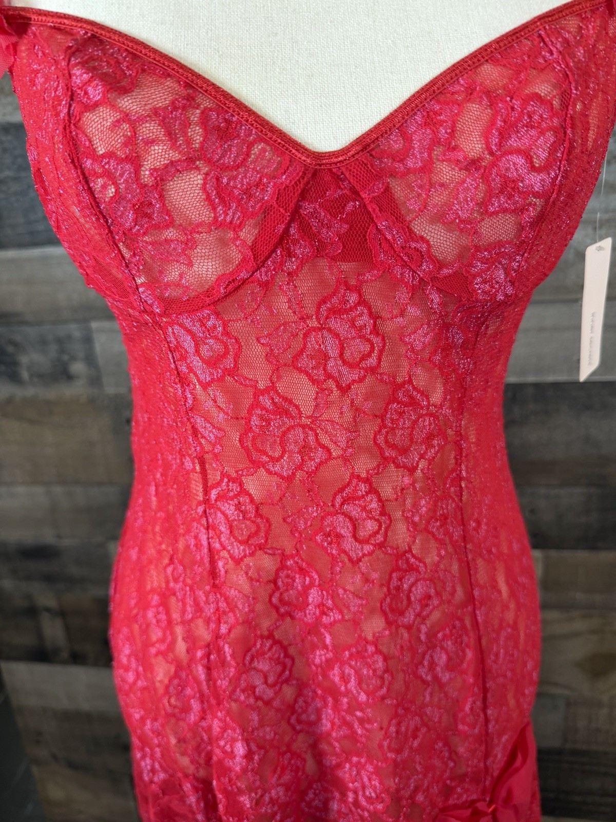 Vtg Red Bow Ruffle Bra Top Babydoll Dress Lace Stretch Lingerie Small New