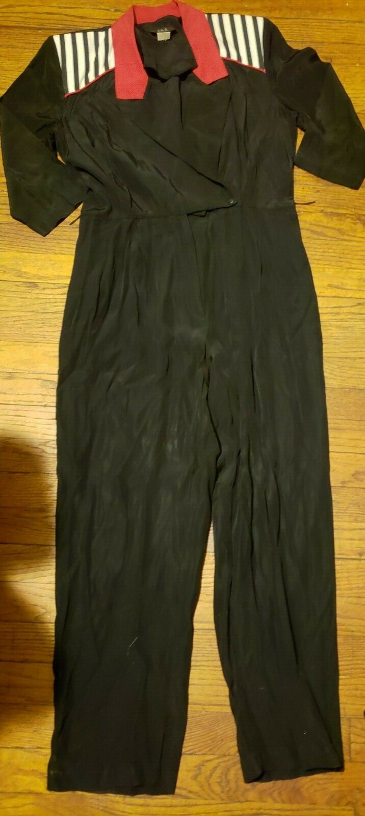 Vtg 80s 90s JSJ shoulder pad stiped Black petites Jumpsuit Party Pleats