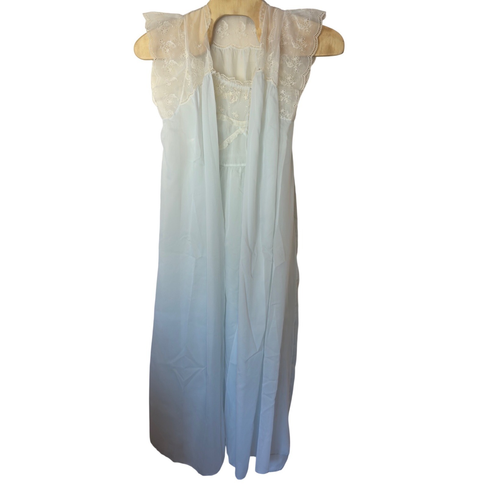 Vintage Godfried Blue Nylon Peignoir Set Embroidered Sheer Maxi Sz 34 Ethereal