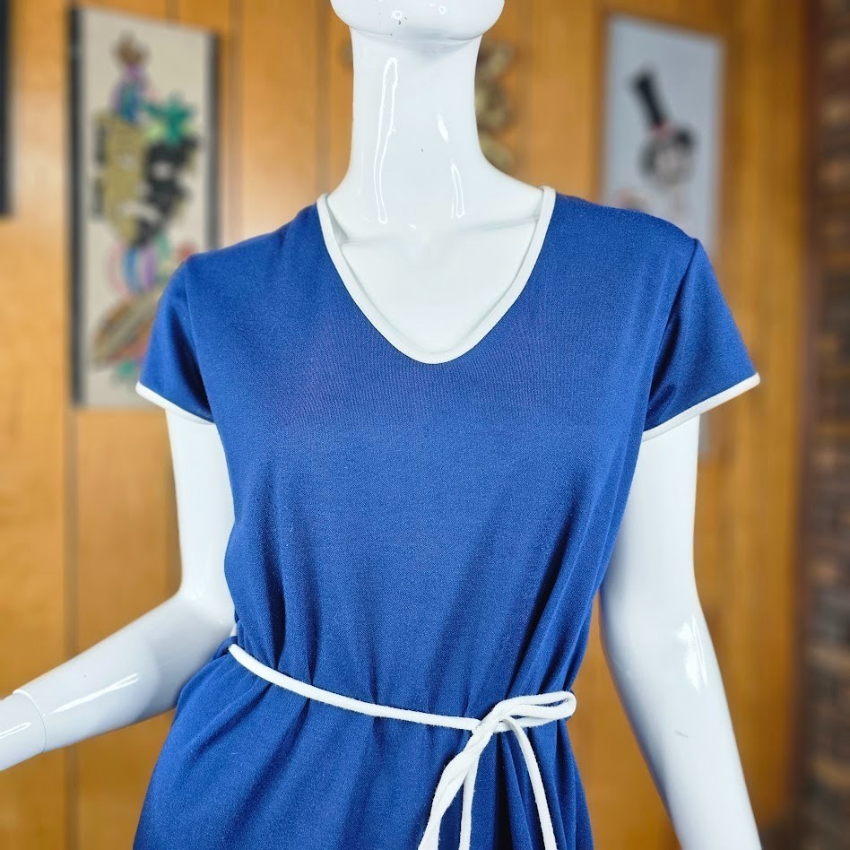 Vtg 70s Disco V Neck Navy Blue Ringer T-Shirt Threes Company Retro Sun Dress M/L