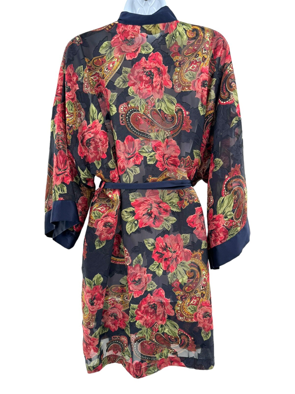 Vintage 80s VS Gold Label Poly Chiffon Floral Brocade Jacquard Kimono Robe