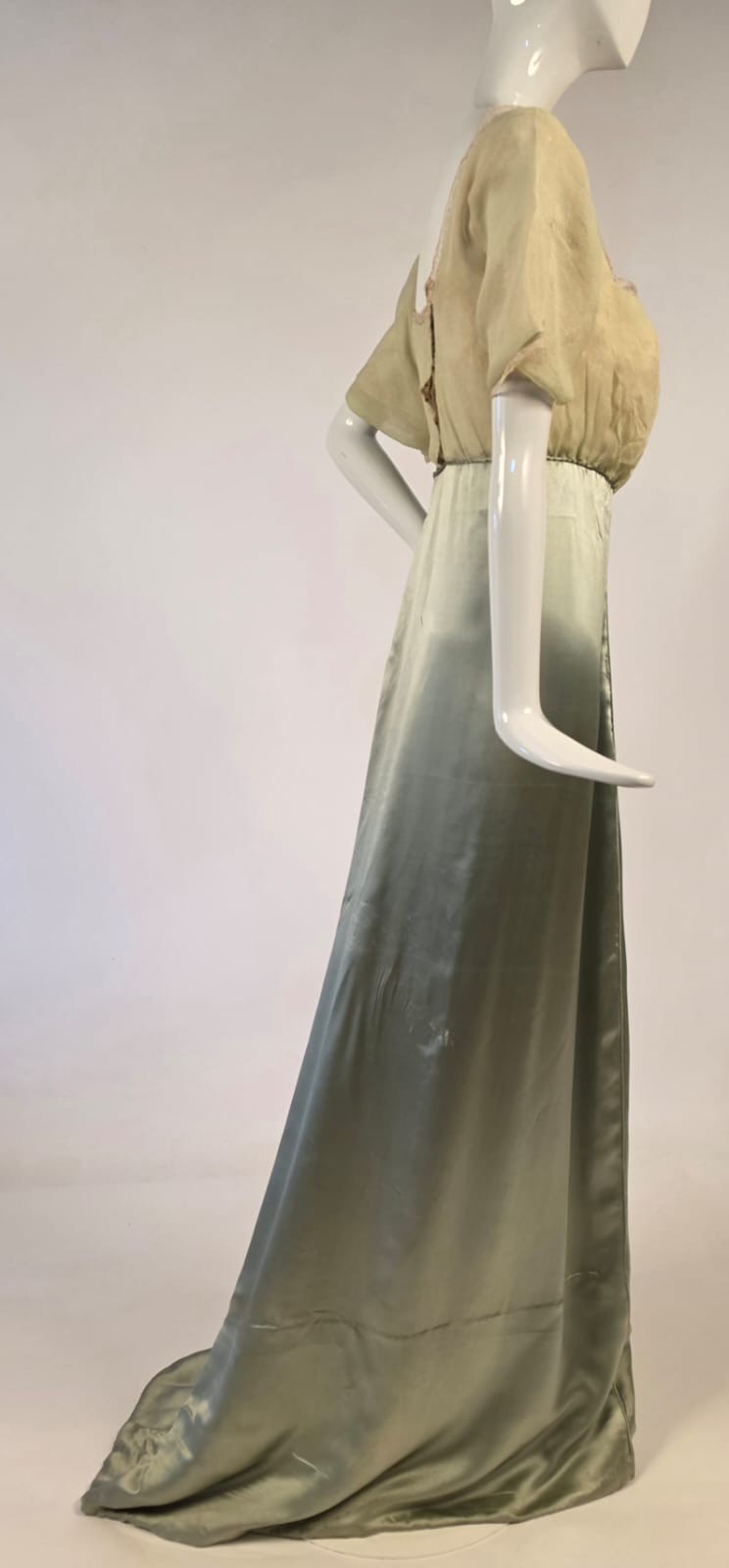 EDWARDIAN 1913 LIBERTY OF LONDON SILK SATIN + CHIFFON GOWN DRESS W TRAIN 