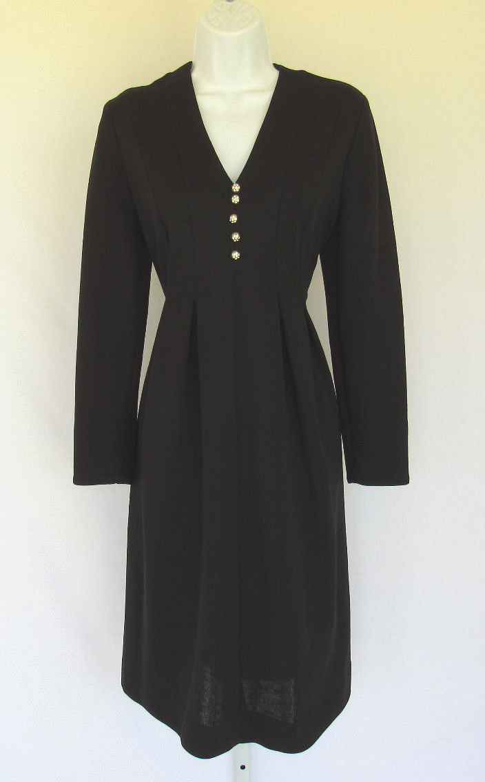 VTG 1960s DAVID WARREN NEW YORK DRESS BLACK RHINESTONE BUTTONS SIZE 14 POLY WOOL