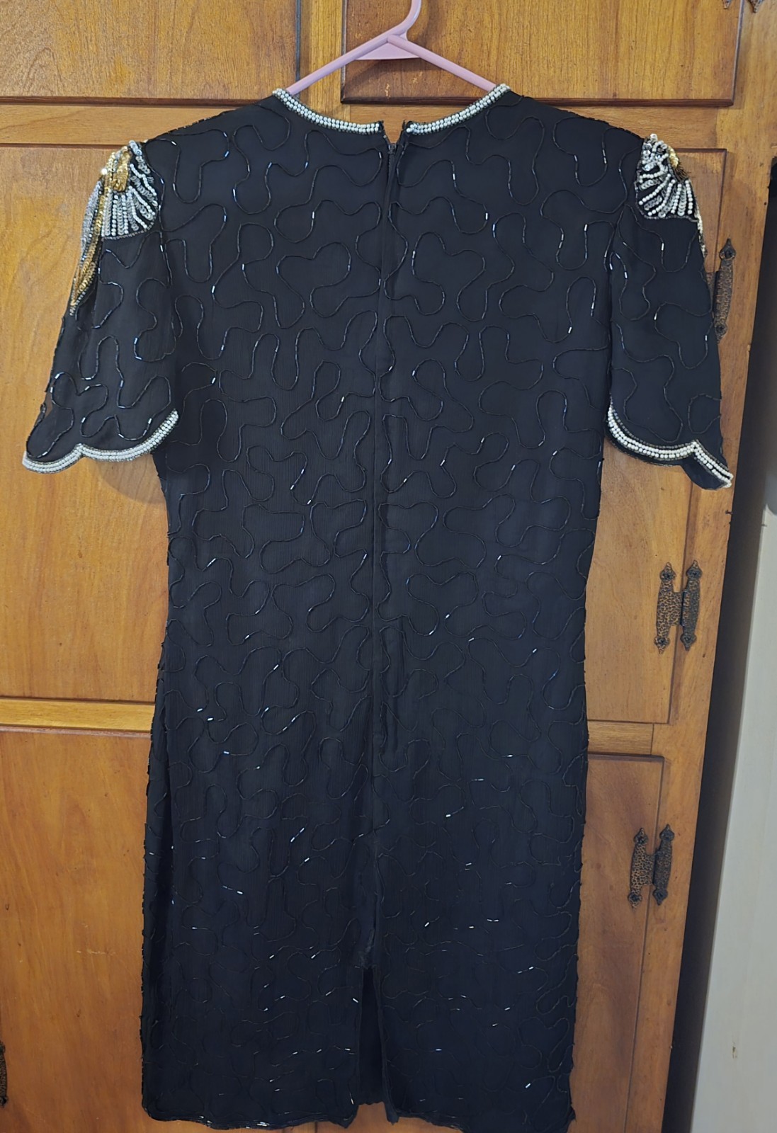 Vintage Denise Elle Black Silk Cocktail Dress Featuring Gold & Silver Beaded…