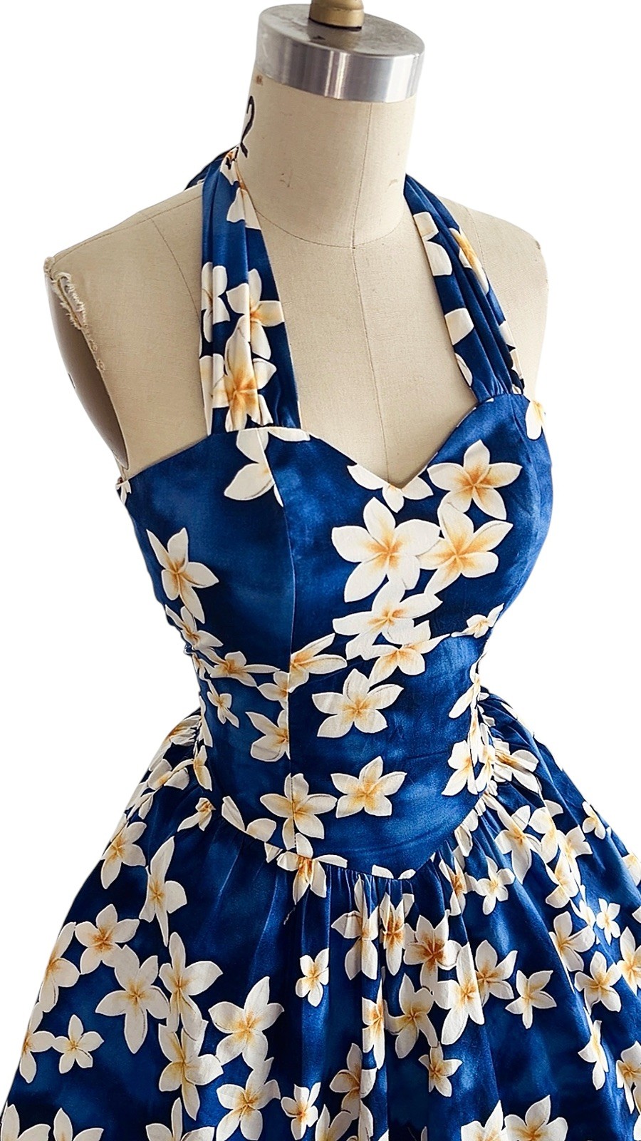 Vintage 1980s 1950s Style Blue Floral HAWAIIAN Pinup Dress Halter Top Sundress