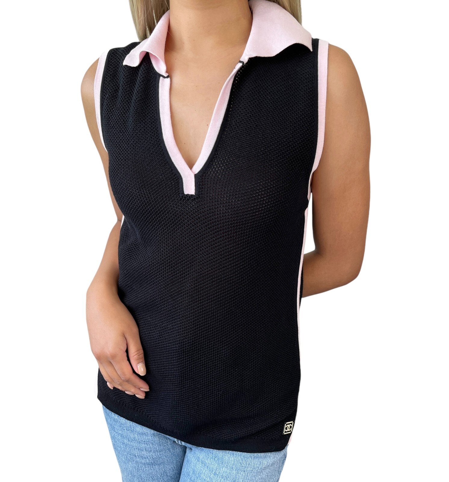 CHANEL Vintage 03P CC Logo Mesh Knit Tank Top #38 Black Pink Cotton Rank AB+