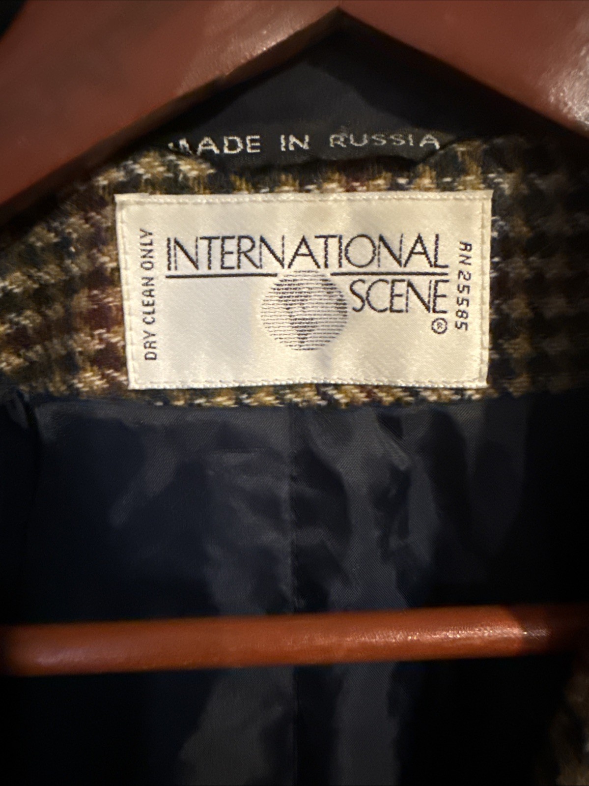 Vtg International Scene Wool Blazer Houndstooth Suede Collar Womens 10 Russia