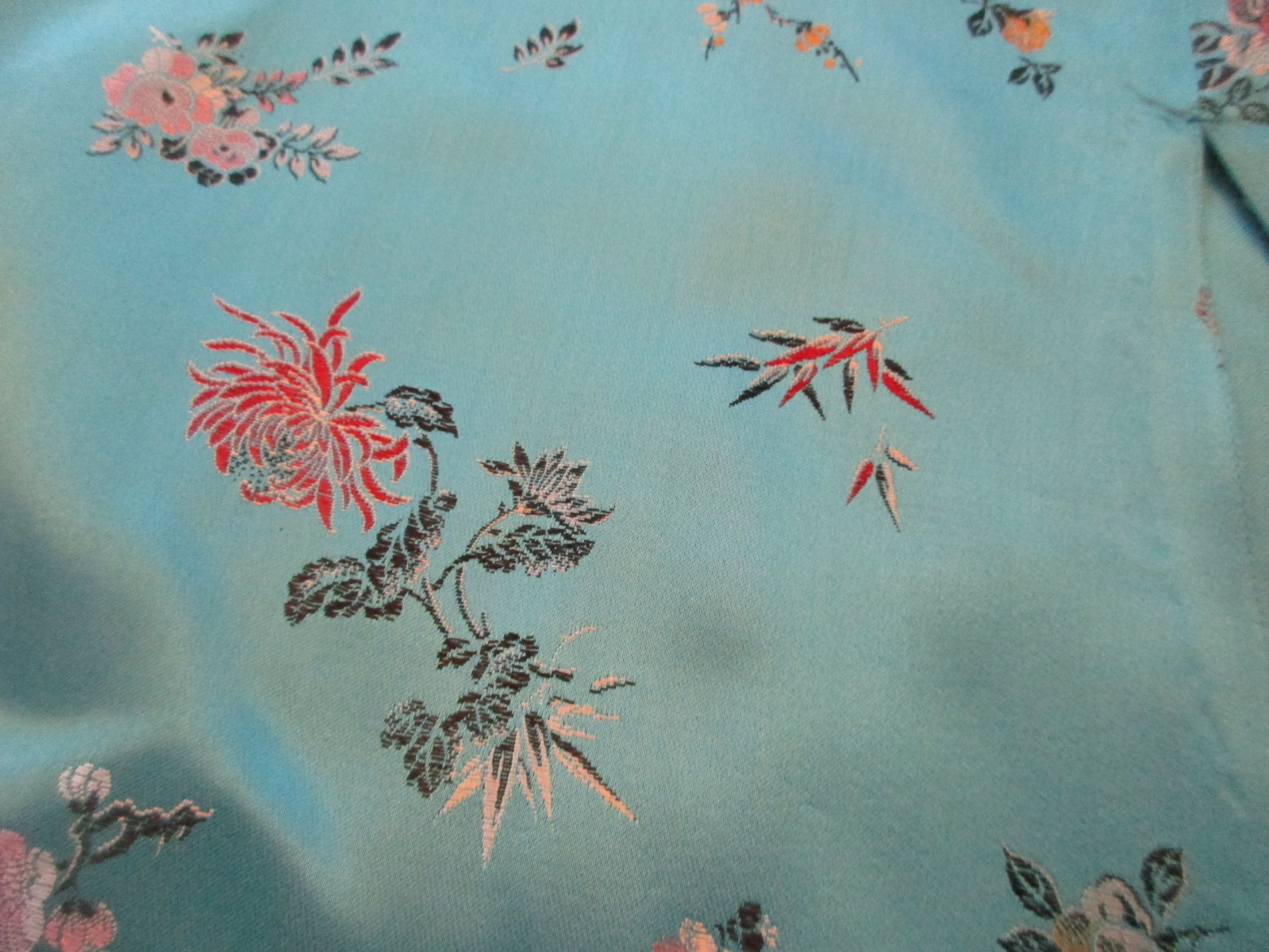 Vintage Turquoise Satin Brocade Asian Floral Robe – Size 42 – 1940s/60’s