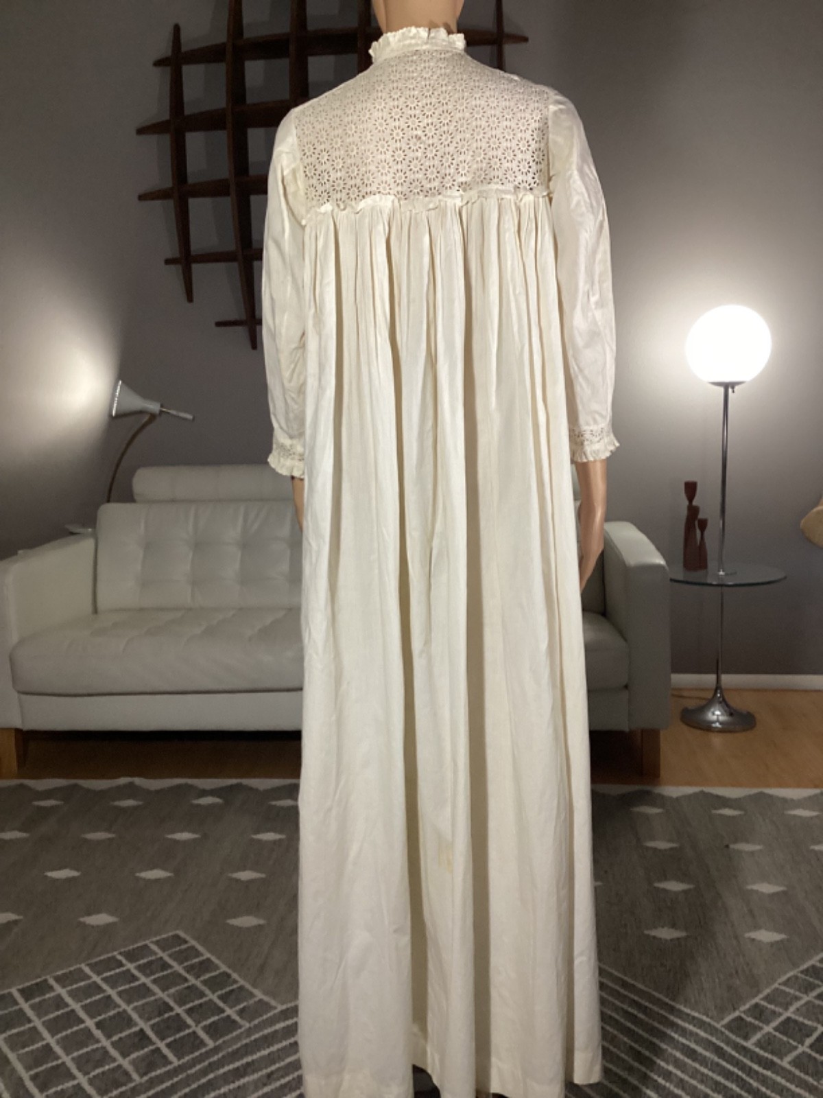 Antique Victorian Edwardian Cotton Eyelet Lace Long Nightgown Glass Buttons