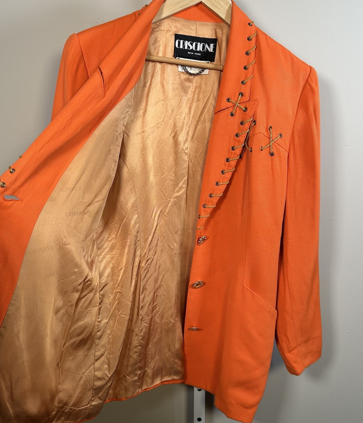 VTG 80s/90s CRISCIONE New York Cache Bright Orange Lace Up Blazer Jacket Sz L
