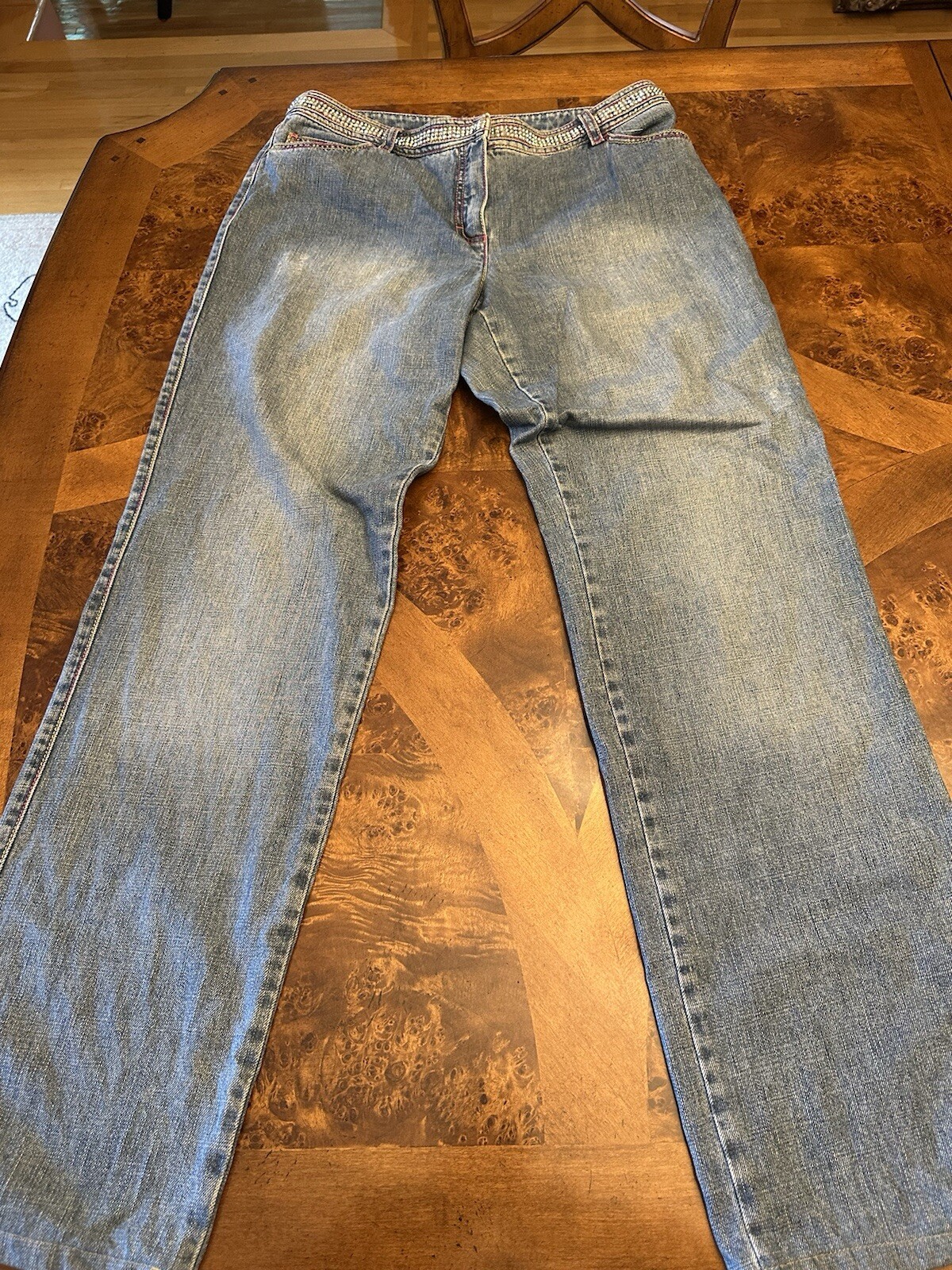 ESCADA VTG LIGHT WASHED RHINESTONE BEADED JEANS SZ44EU(10-12 US)MADE IN TURKEY