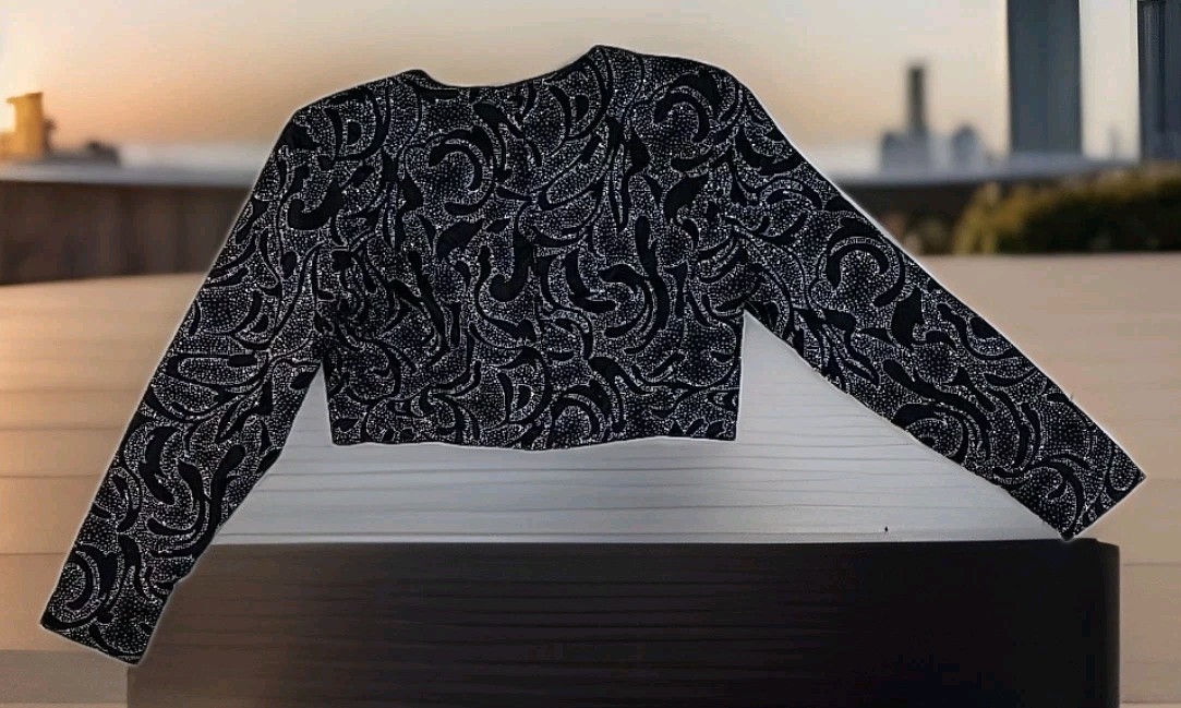 Cropped Jacket Sequin Blk Velvet Tribal/Paisley Custom Made 19.5×18 Measured