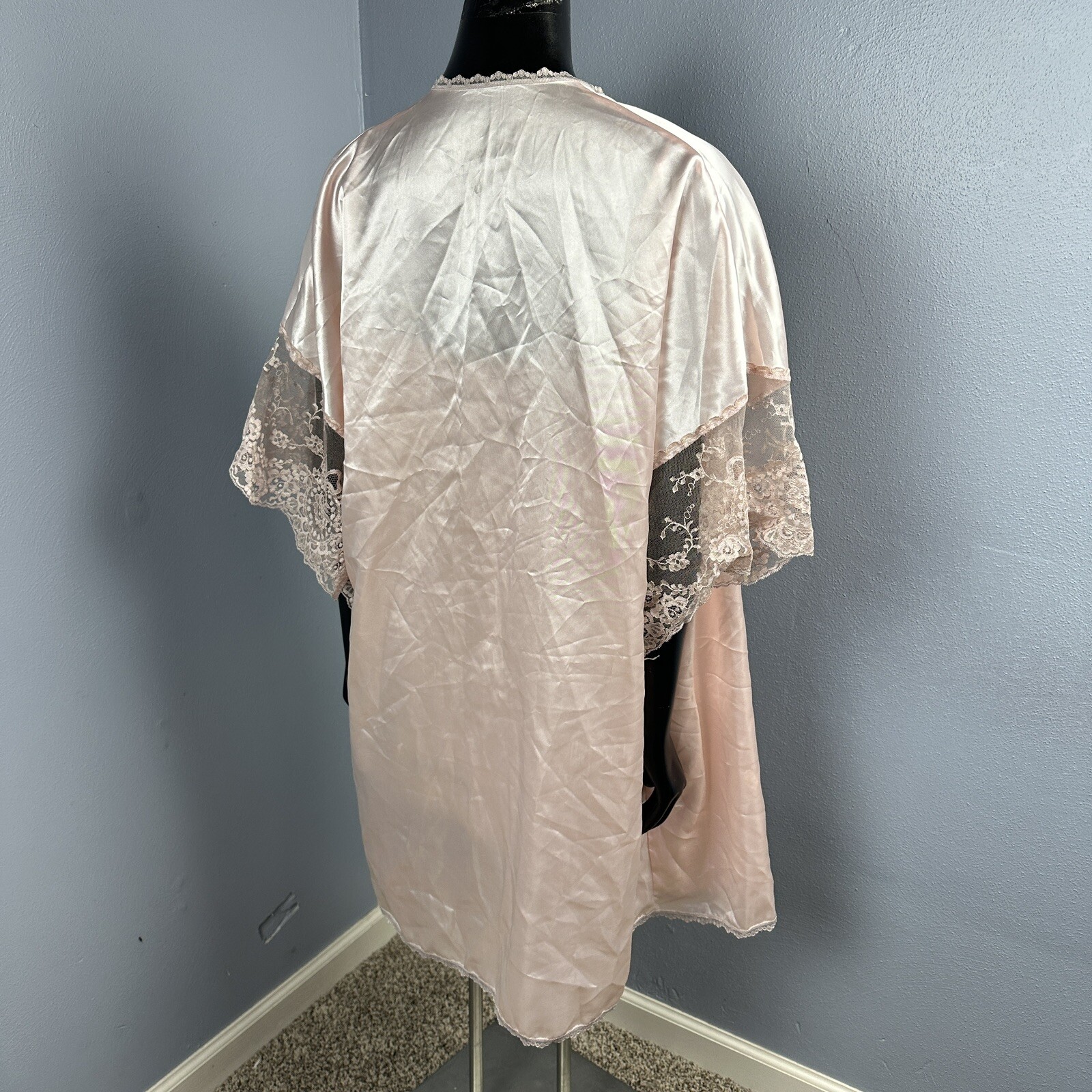 Vtg Lady Cameo Robe & Chemise Nighty Slip Dress Silky Pink Mauve Lace Set Sz L