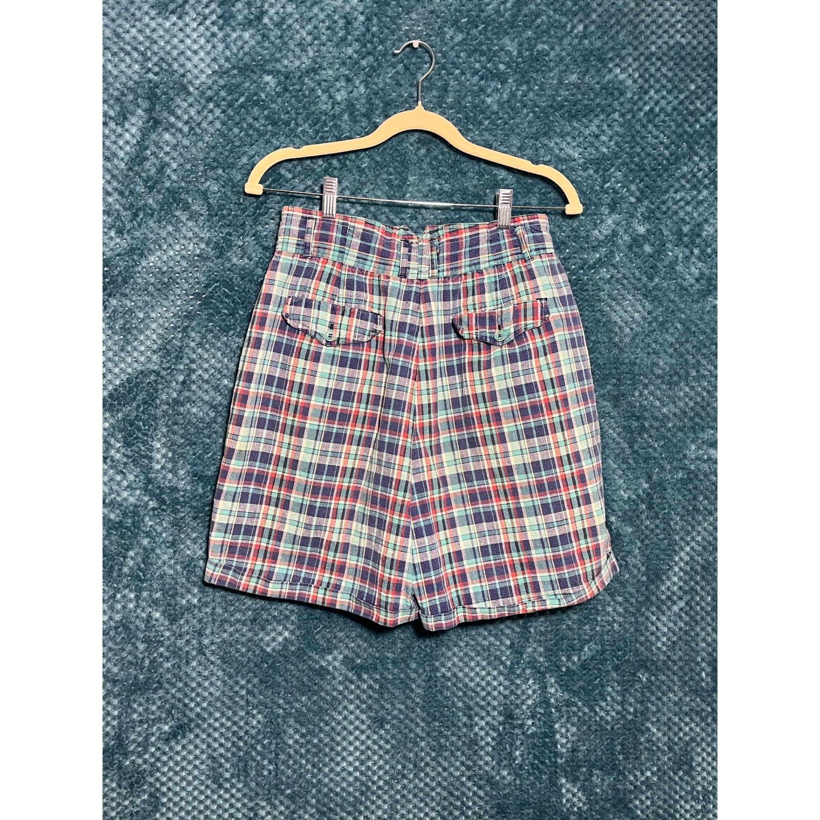 Vintage High Waisted Plaid Pleated Shorts Teal Navy Red Multi Color Check