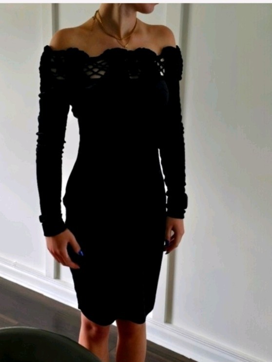Vintage Italian Black Crushed Velvet Dress Crochet Off Shoulder Long Sleeve 42 S