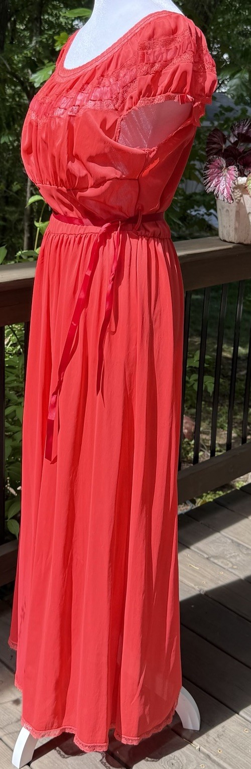 Vtg 60s Nightgown Chiffon Pleat Maxi Empire Goddess Siren Red Lace Nylon M 36 38