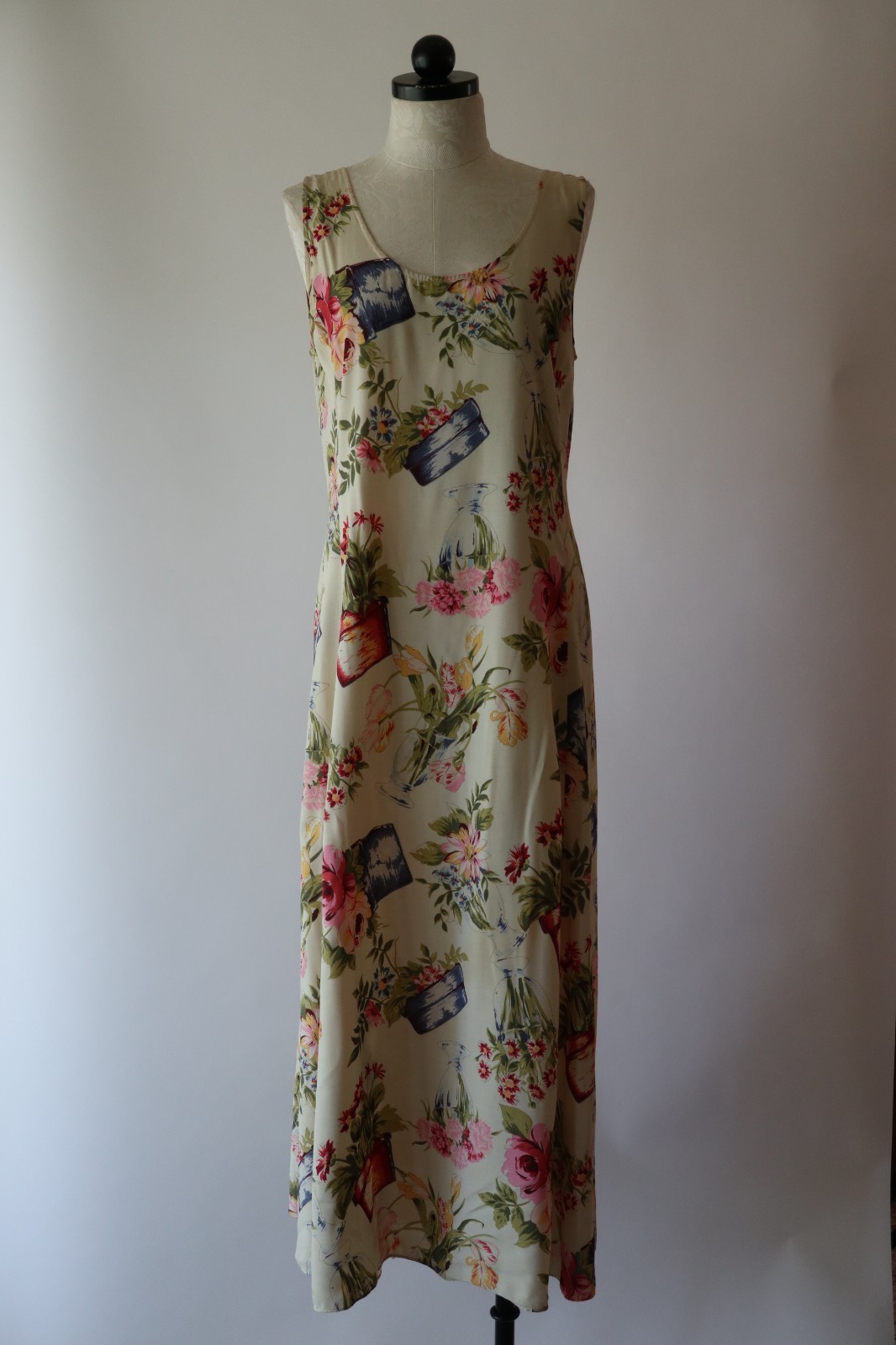 90s Vintage Pastel Garden Plants Pots Sleeveless Long Maxi Sundress Women S M