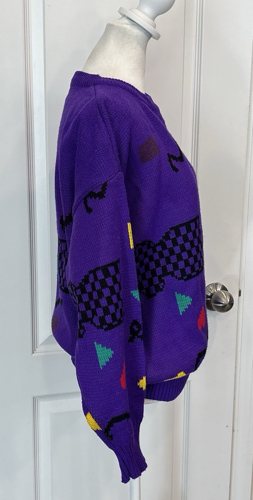 Vintage 80s Chateau Sweater M Purple Abstract Geometric Novelty Knit Colorblock