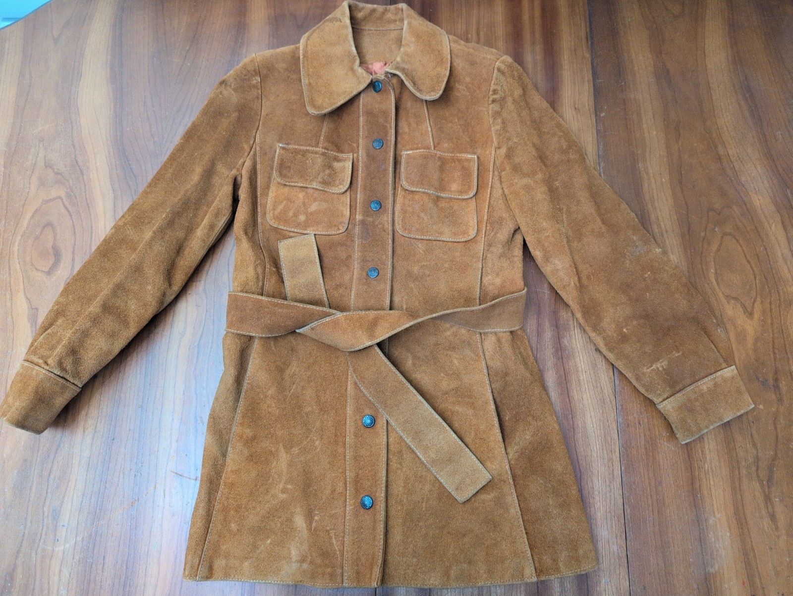 Vintage Tan Suede Hippy Boho Western Gothic Belted Safari Jacket 70s Women S