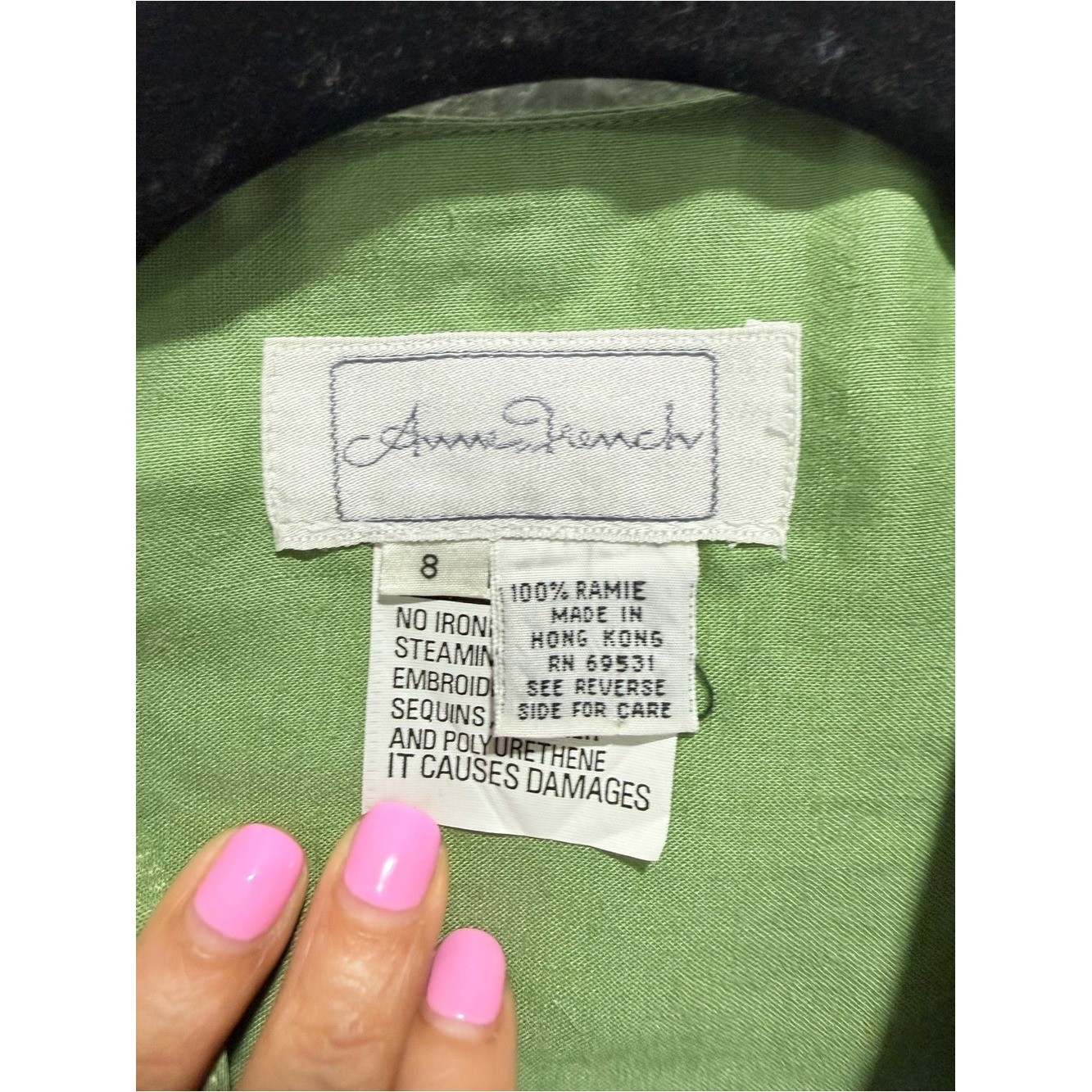 SET of two Vintage 100% RAMIE Embroidered Green high waist Trousers and blouse 8