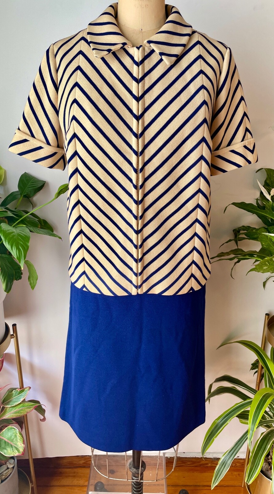 VTG 60’S GINO PAOLI MOD BLUE&CREAM KNIT WOOL STRIPE JACKET&SKIRT SUIT SET*S/M