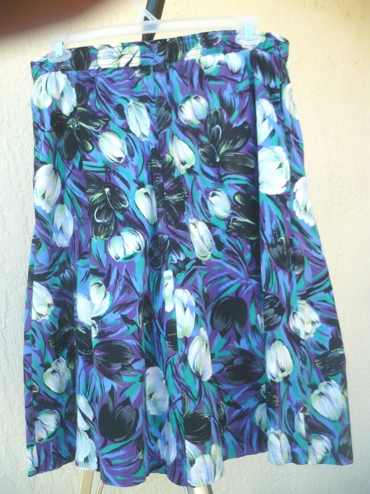 VTG COPY CATS XL L TULIP FLOWER SKIRT PURPLE WHITE FLORAL GREEN ELASTIC WST LADY