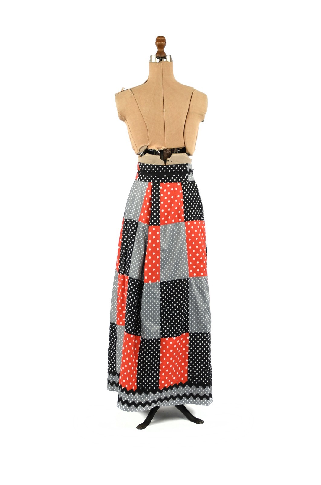 Vintage 70s Polka Dot Patchwork Wrap Maxi Skirt Red Black Gray Ric Rac Trim M