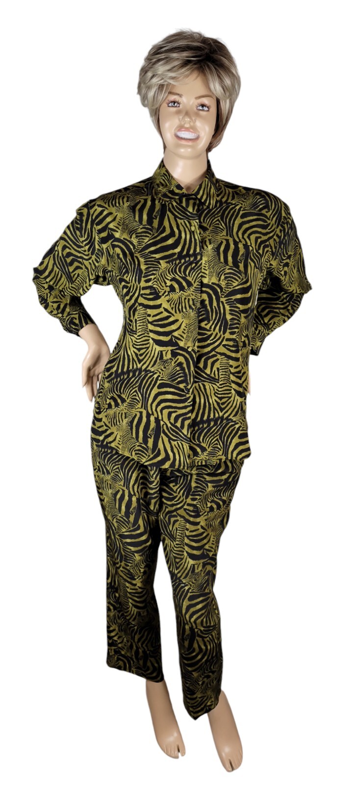 Vintage Ann May 100% Silk Zebra Green & Black Animal Blouse & Pant Suit Set 8
