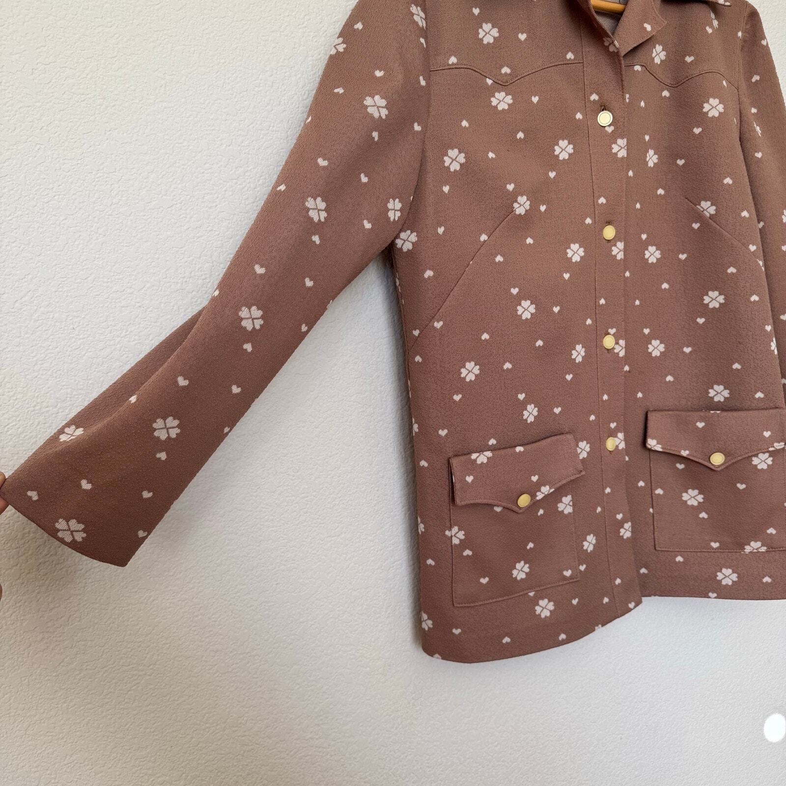 Vintage 70s heart clover taupe shirt jacket double knit poly big pockets sz M-L