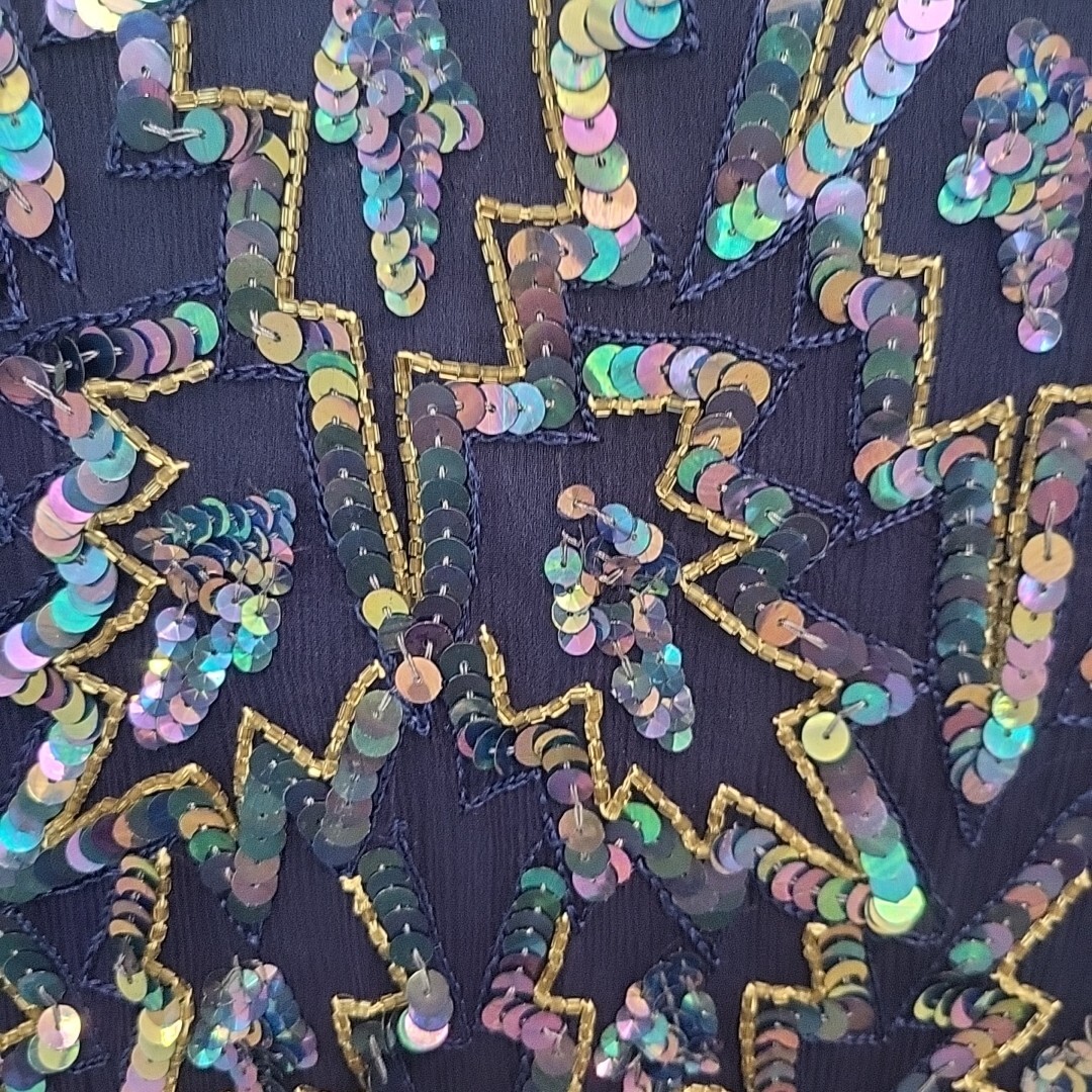 VTG 1970s Evening Gown Dress Womens L Blue 100% Silk Sequin Sheer Rayon Lined