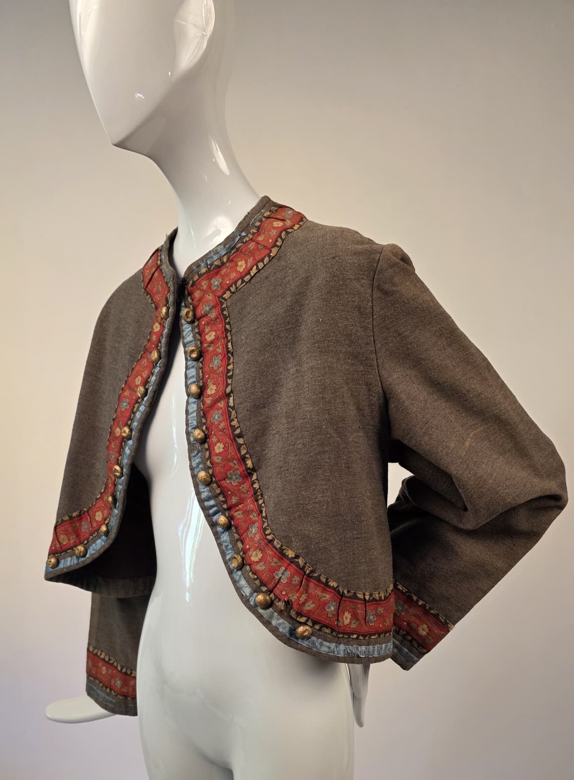 CIVIL WAR 1860’S WOOL CUTAWAY ZOUAVE JACKET W FLORAL PRINT COTTON EDGING