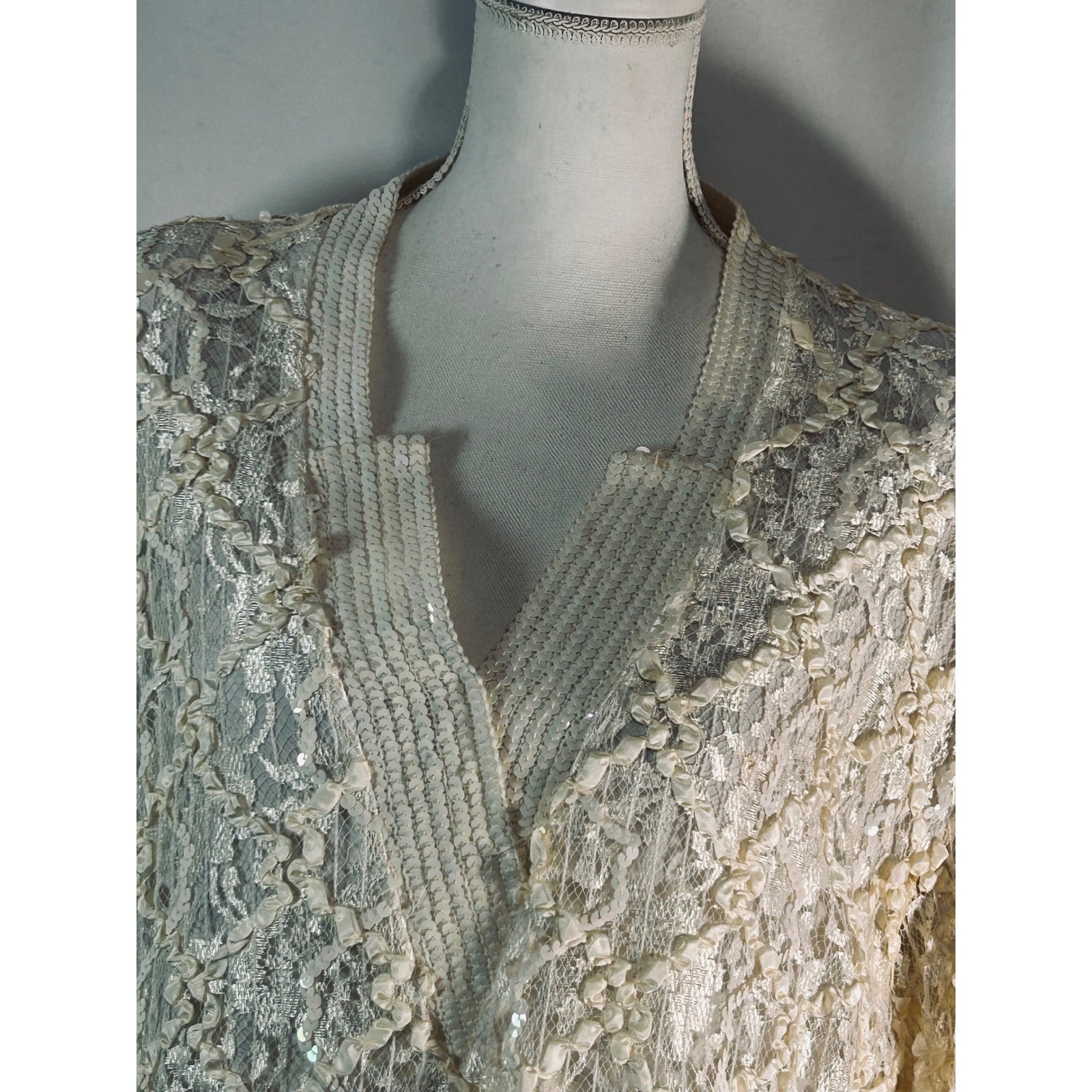 Vintage Damianou Ivory Lace Sequin Drop Waist Gown Long Sleeve Tiered Ruffle