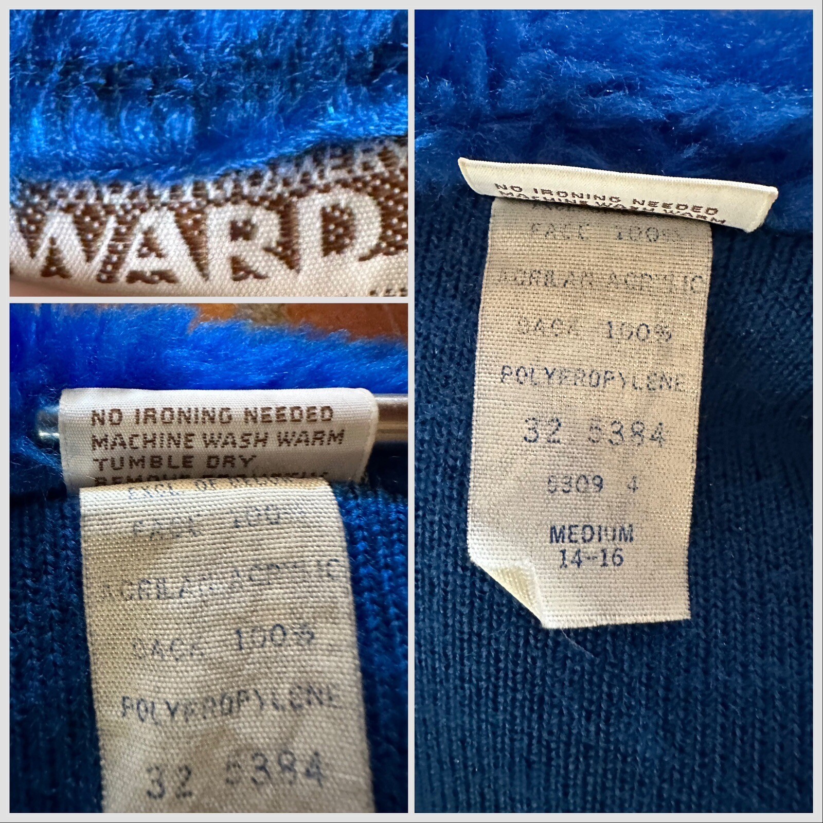 1970s Montgomery Ward Electric Blue Shag Robe Plush Faux Fur Belted Medium VTG