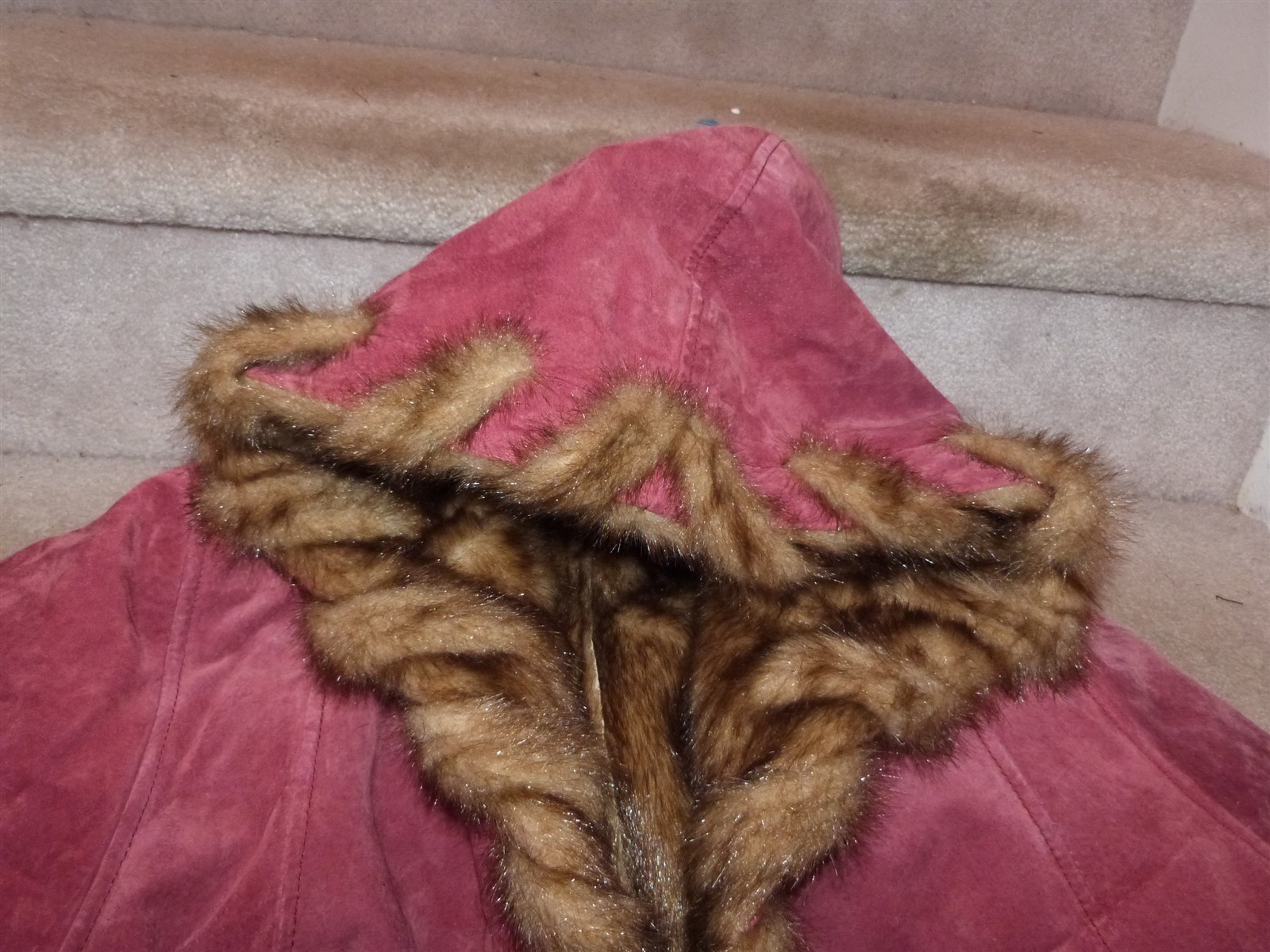 Dennis Basso suede coat vintage 1990s faux fur red Burgundy Maroon wine hood W L