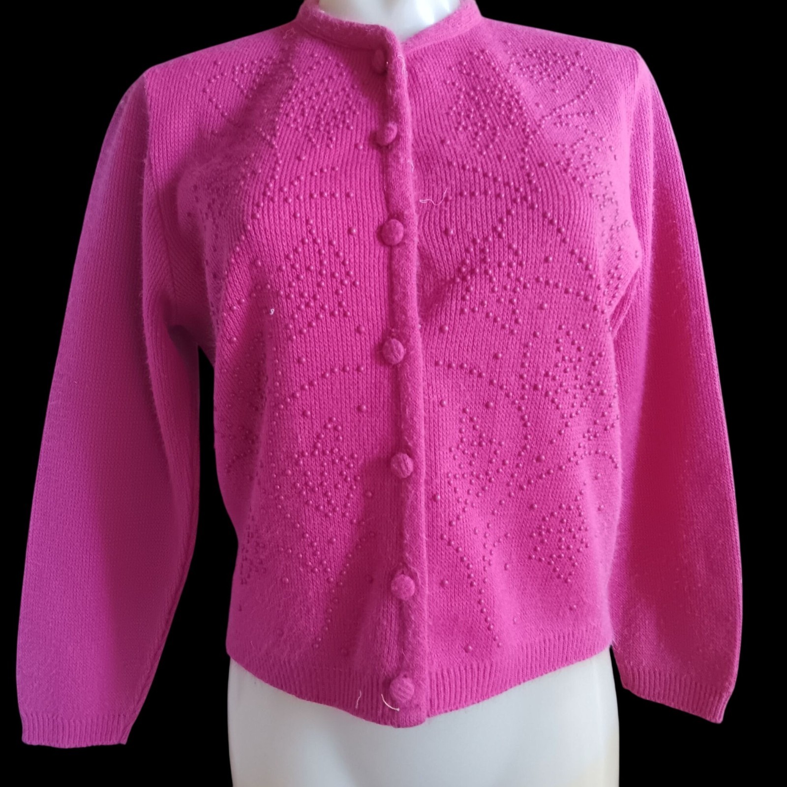 True Vintage Women’s Medium Cardigan Sweater 1960’s Pink Beaded Knit Kay Wright