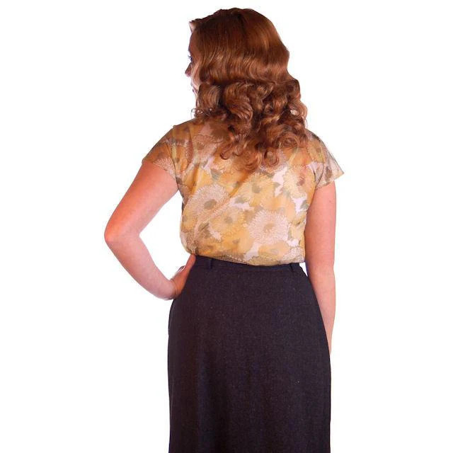 VTG 1950s Sheer Nylon Blouse Gold Floral Print Secretary Pinup Size 34 Bust 38