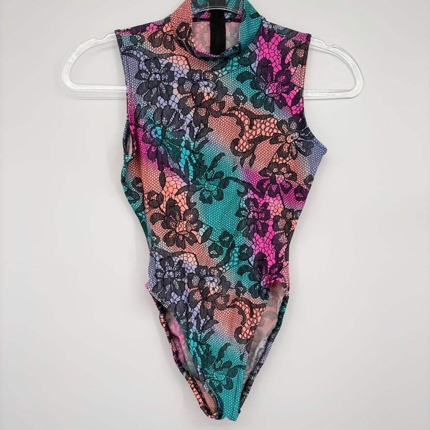 Gilda Marx Flexatard Vintage 80s Floral Lace Print Mock Neck Leotard Sz S USA