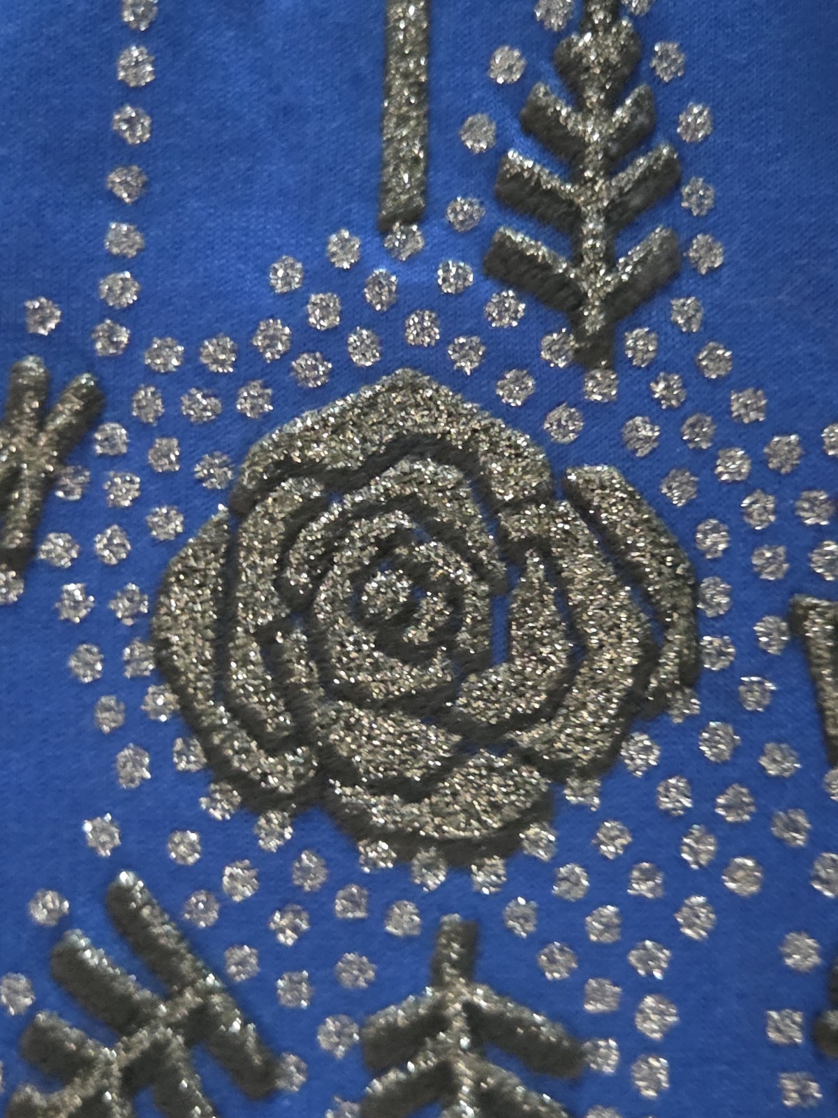 Vintage 80s Blue Glitter Rose Sweatshirt Oversized Batwing Dolman Sleeve Floral
