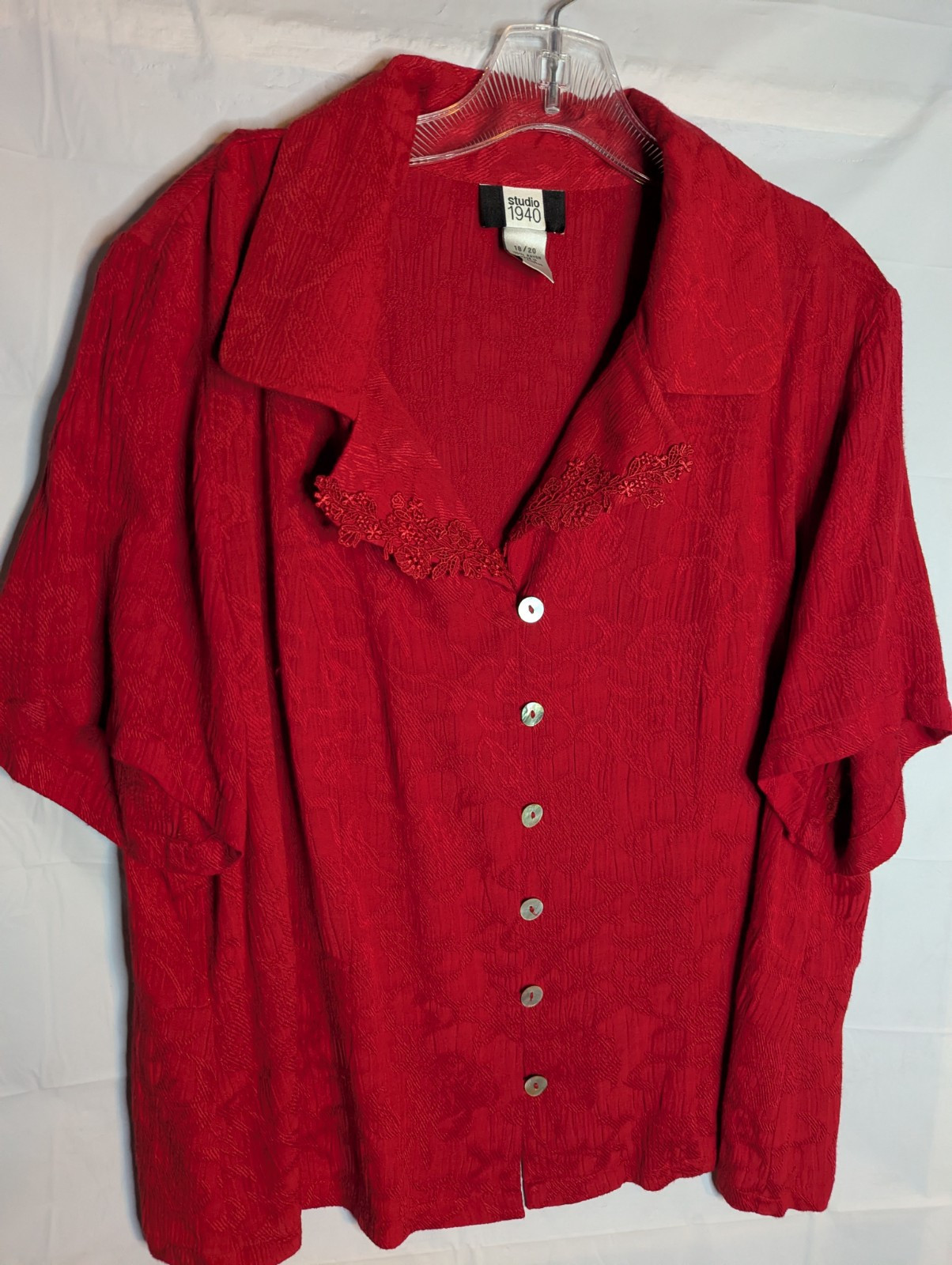 VTG Studio 1940 Red Lace Collar Mother Of Pearl Button Top Sz 18/20 Retro 80s