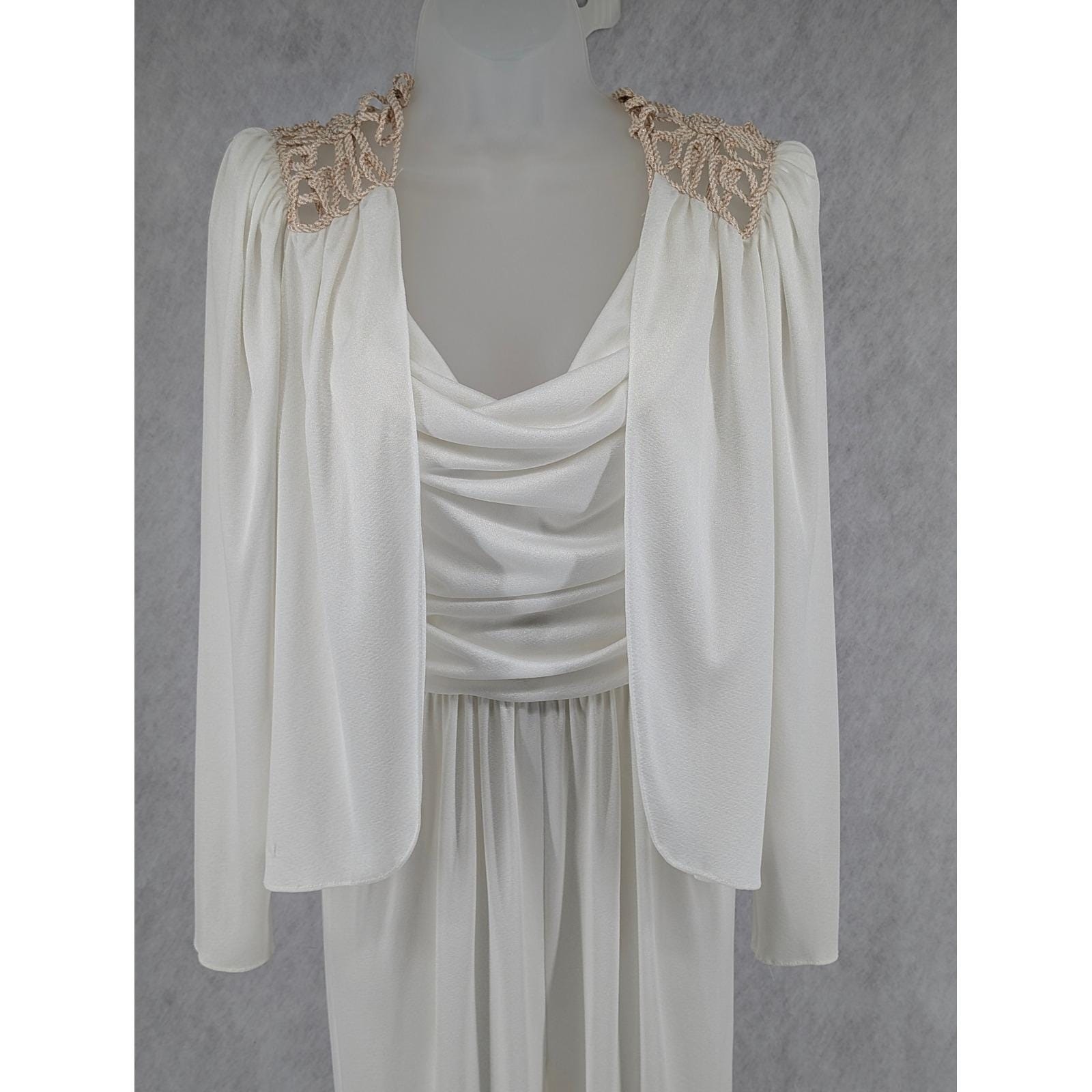 Vintage Jumpsuit Set Ivory White Cowl Neck Open Strappy Back Disco Glam Sz Small