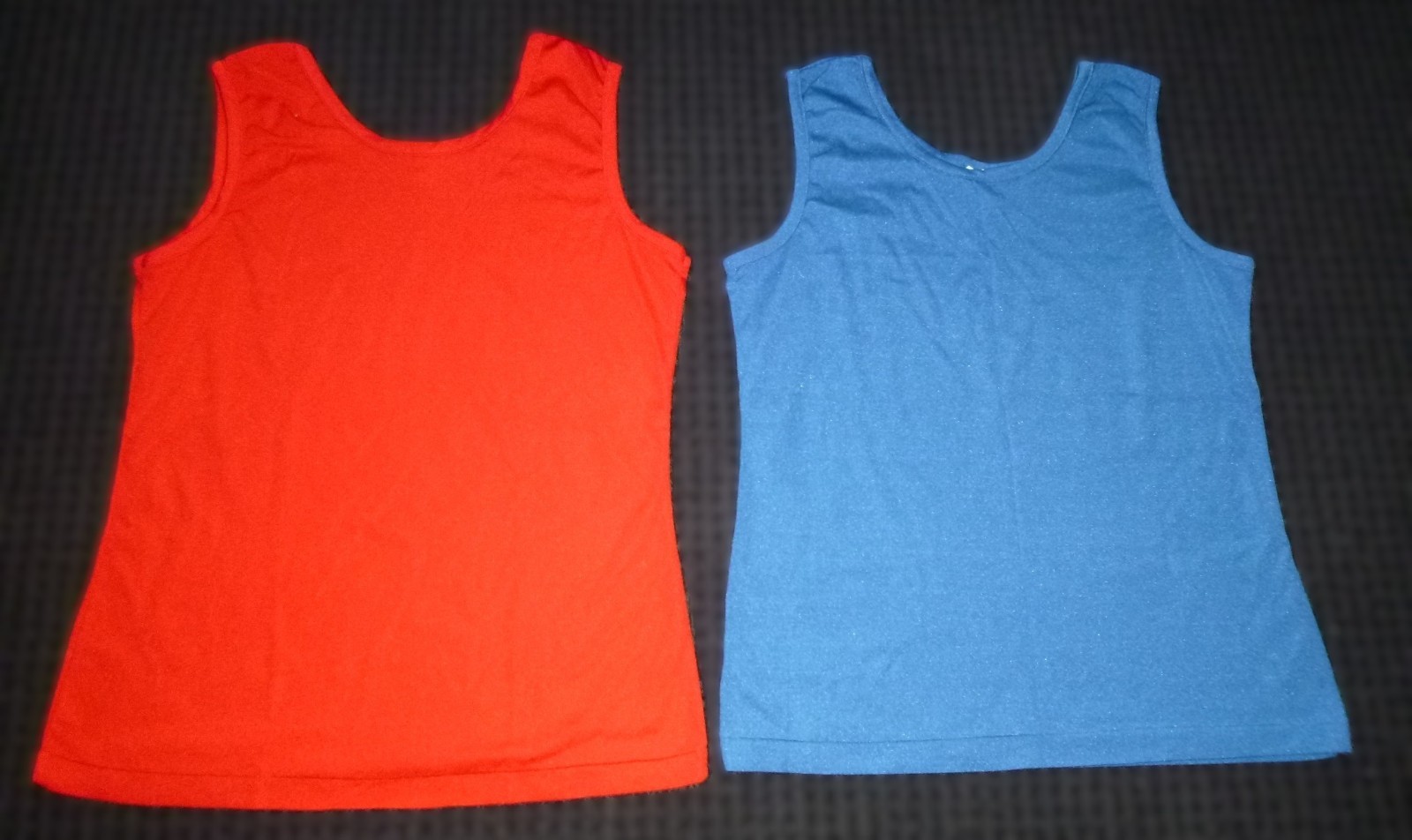 TWO Vtg 70s Mr. Rogers 100% Nylon Shimmery Tank Tops Red Blue Sz M/L