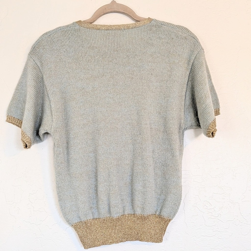 VTG Cardigan Short Sleeve Sweater Set Light Mint Green Gold Trim 80s Grandmacore