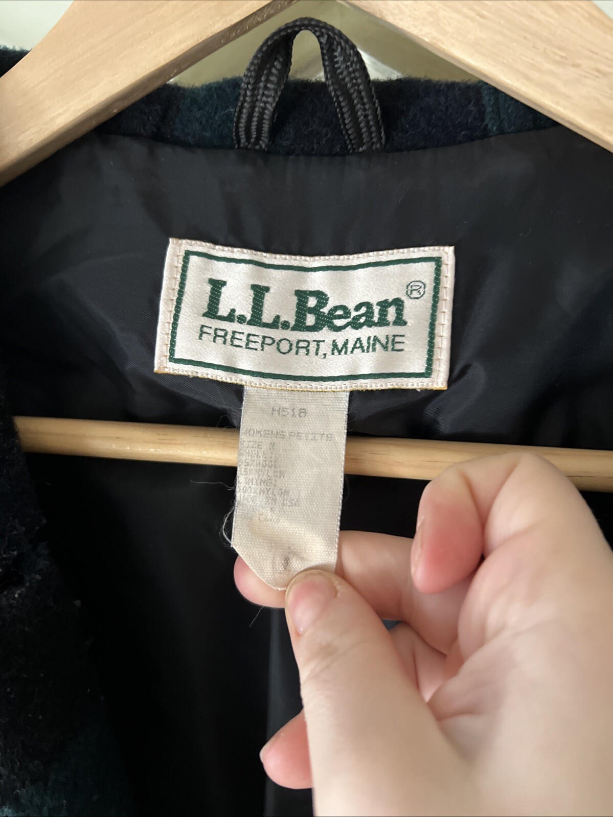 Vintage 80s HTF L.L. Bean Plaid Green Multi Fringe Wool Coat Hood Petite Medium