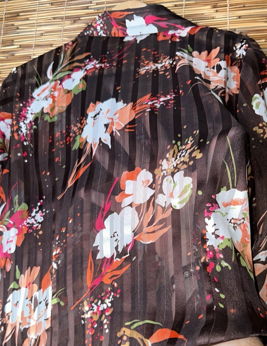 Vintage Jaipur Women’s Blouse Brown Sheer Floral 3/4 Sleeve Rose Gold M