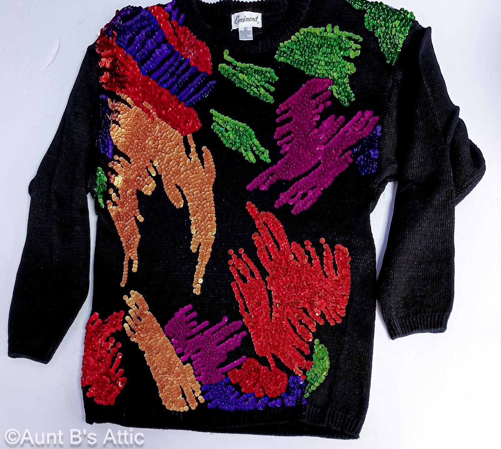 Vtg 80’s Eminent Blk Cotton Pullover Sweater W/Colorful Abstract Sequin Design L